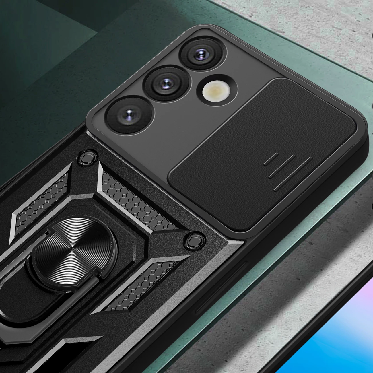 Mbështjellës Hurtel Hybrid Armor Camshield me kapak kamere dhe unazë metalike për Samsung Galaxy S25+, Zi