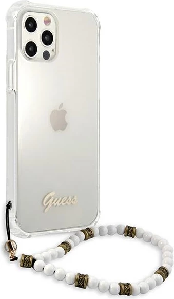 Mbështjellës Guess GUHCP12MKPSWH për iPhone 12/12 Pro 6.1", transparent me varëse perlë