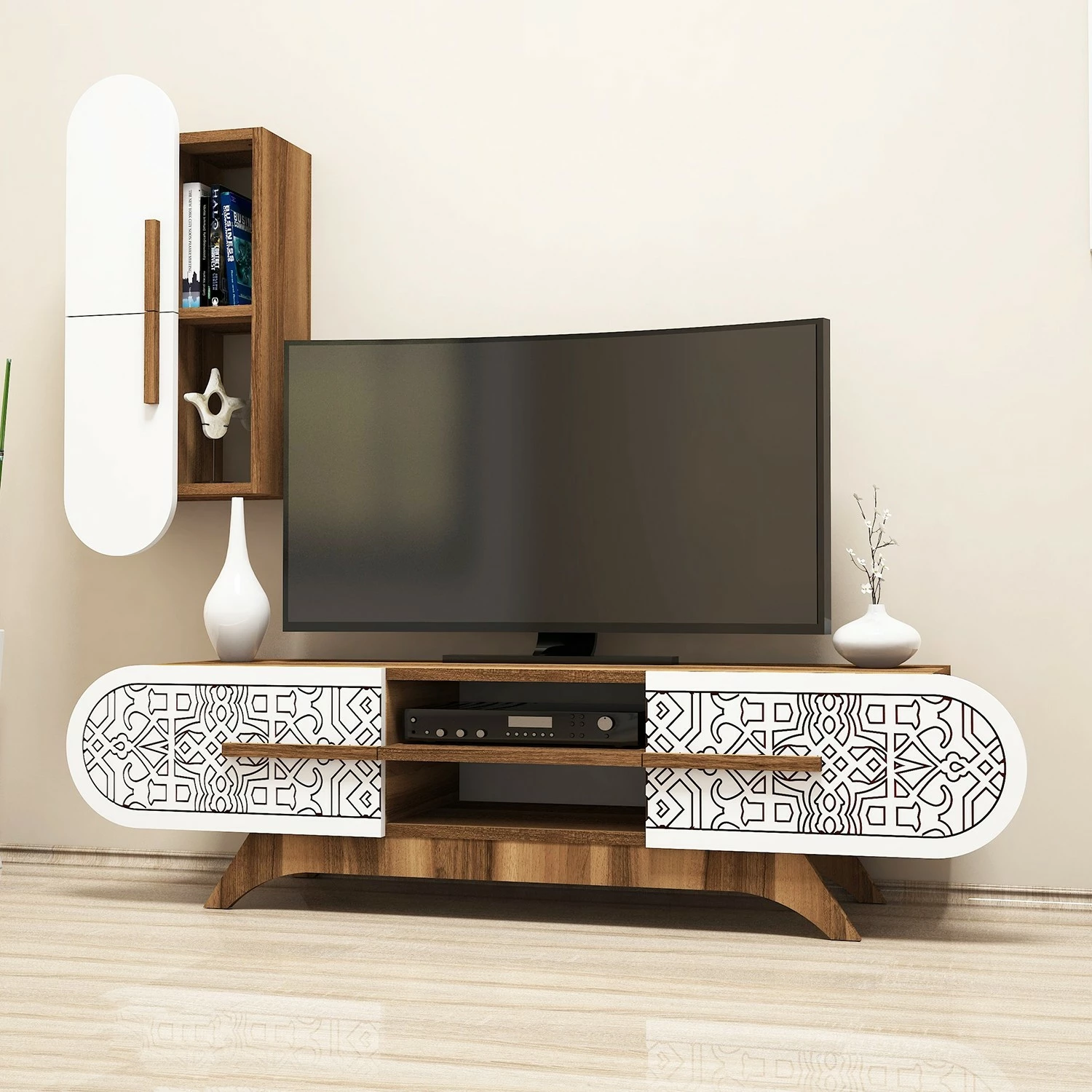 Komodë TV Hanah Home, Defne, ngjyrë arre dhe e bardhë