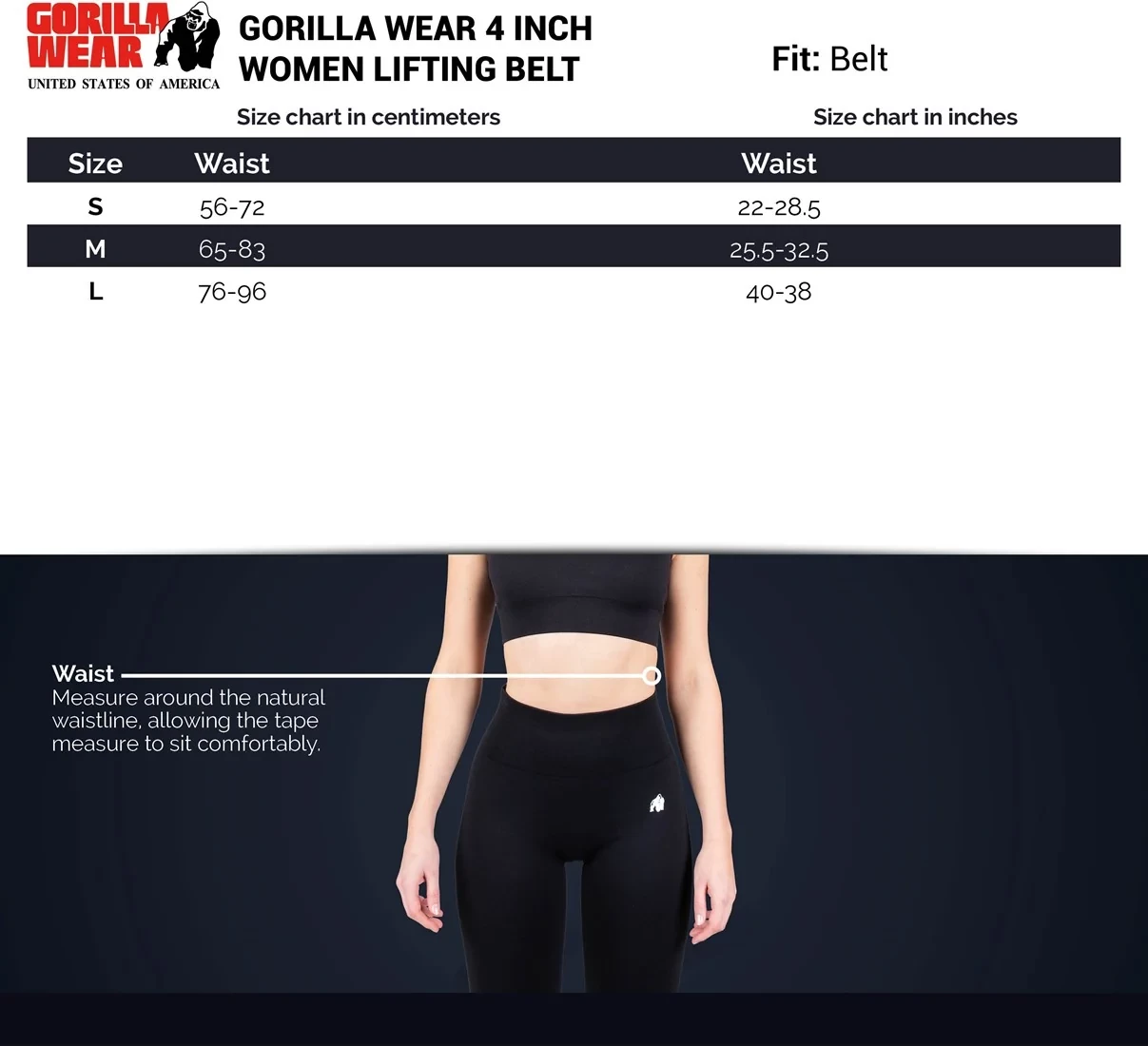 Gorilla Wear 4 Inch Women's Lifting Belt - Black [Madhësia: S]
