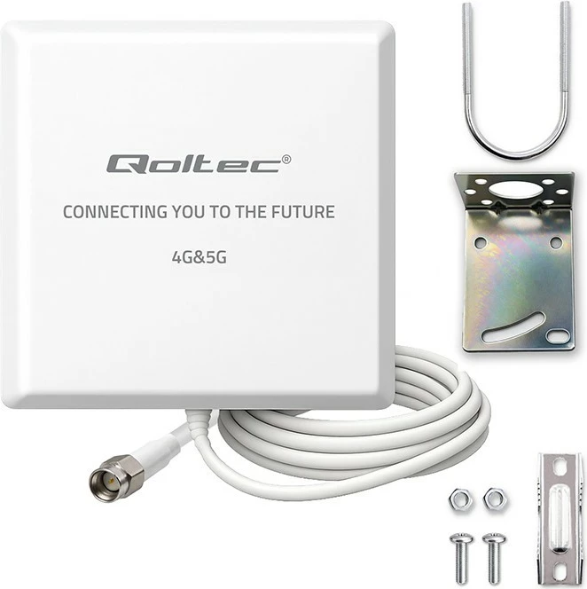 Antenë LTE/5G drejtimore, Qoltec 57062, 9 dBi, SMA, IP67, kabllo 3 m, e bardhë, me aksesorë montimi