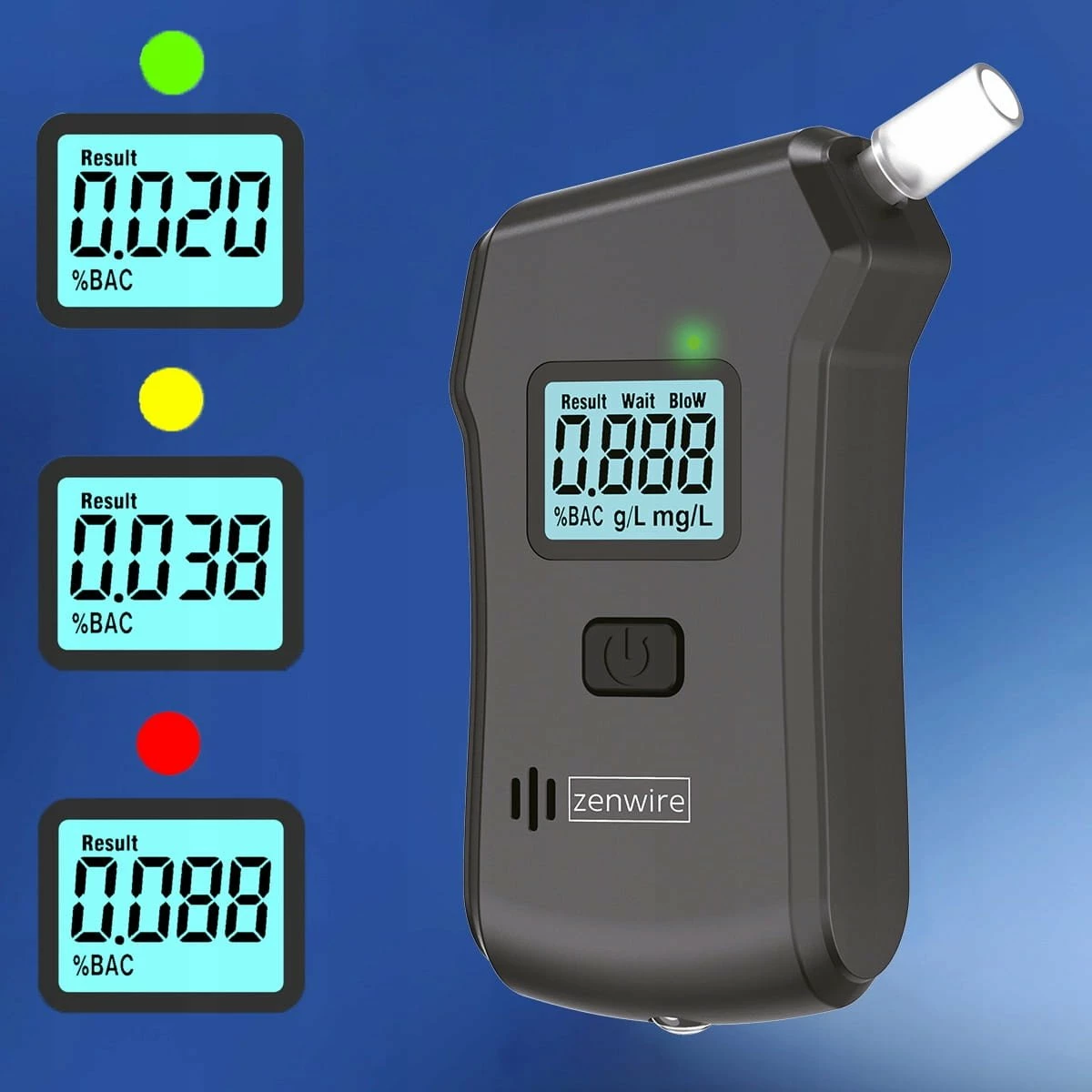 Alkotest digjital Zenwire MR806, 0.0–2.0‰, saktësi 0.01‰, me llambë dore, i zi, set 5 grykë