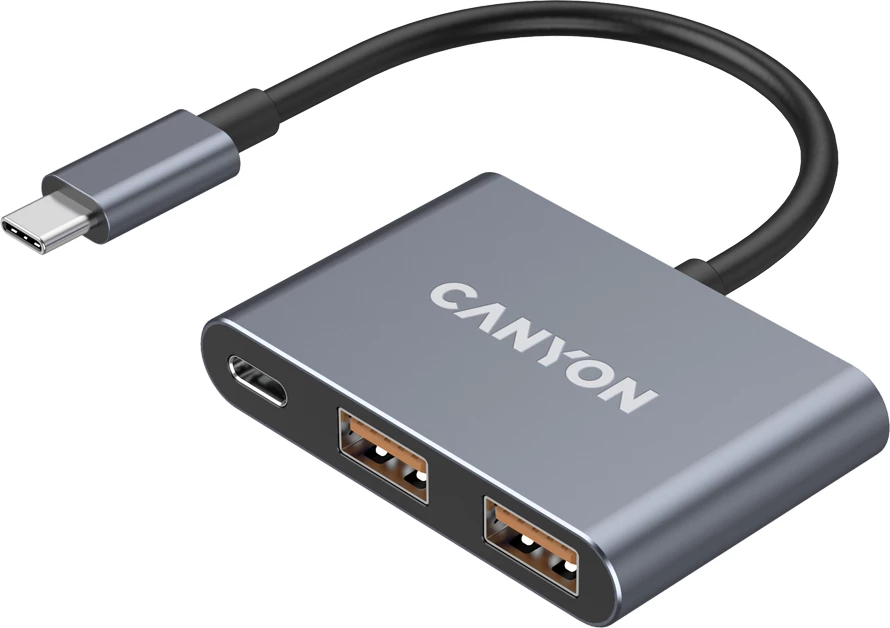 USB-C hub CANYON DS-3 3n1, USB 3.2 Gen 2, 2x USB-A + 1x USB-C, kabllo 12 cm, gri e errët