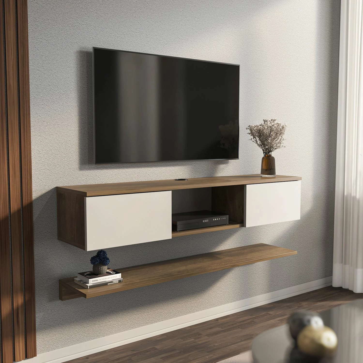 Komodë TV Skye Decor, ngjyrë arre dhe e bardhë, Elia