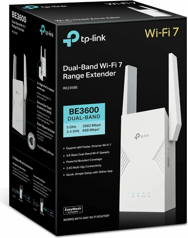Përforcues sinjali Wi‑Fi TP-Link RE235BE Wi‑Fi 7 BE3600 Dual‑Band, 2.5G Ethernet, Mesh, WPA3, i bardhë