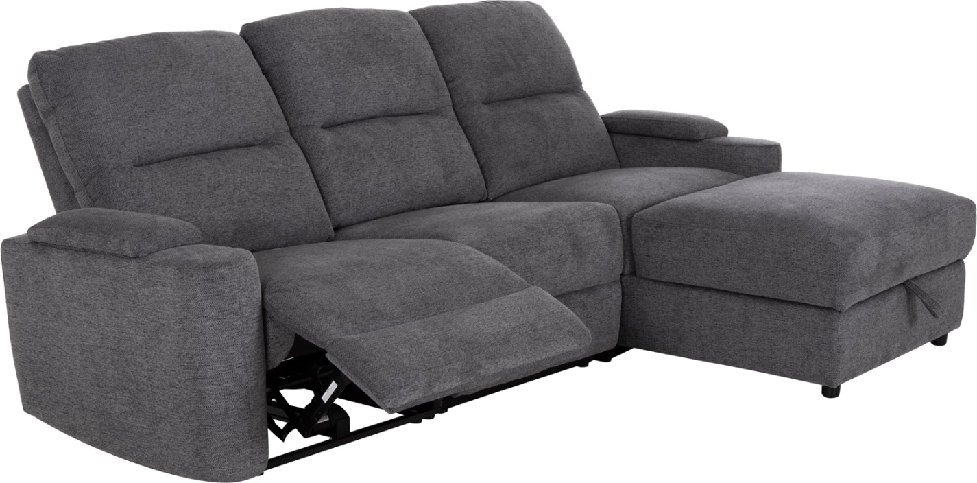 Këndare e djathtë SYNTHIA me recliner elektrik, hapësirë për depo dhe tavolinë, material gri, 246x159x97cm