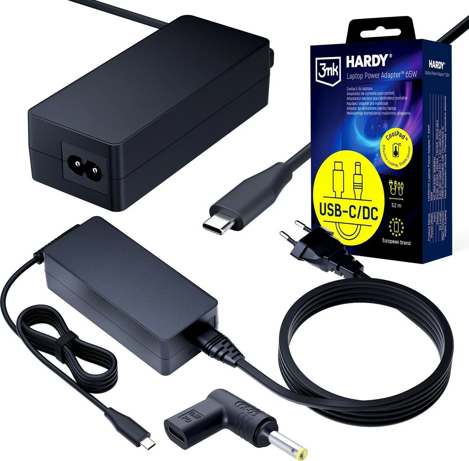 Karikues universal 3MK HARDY 65W për laptop Acer Asus Lenovo Toshiba Huawei HP, USB-C/DC, i zi