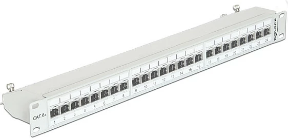 Patchpanel DeLOCK 19" 24-Port Cat6A, 1U, RJ-45, metal, gri