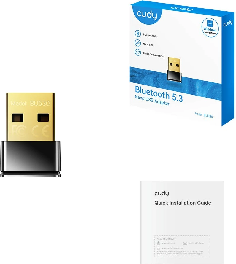 Adapter Bluetooth USB, Cudy BU530, 5.3, USB 2.0, nano, për Windows 7/8/8.1/10/11, e zezë/ari