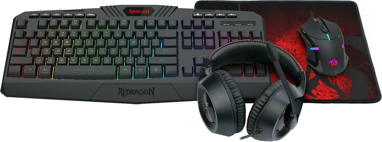 Set gaming Redragon S101-BA-3, tastierë me drita RGB, maus 7200 DPI, kufje, mauspad, e zezë