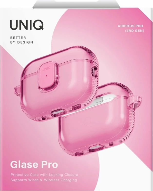 Kutí AirPods Pro 3 UNIQ Glase Pro Lock, rozë, me karabiner