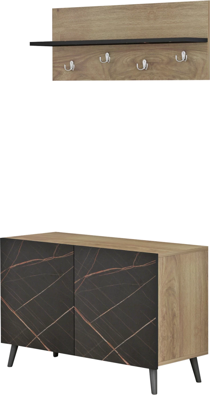 Set mobiljesh për hyrje DELPHINE FH8876.12 melaminë në ngjyrë mermeri të zi-dru natyral 80x31,3x41,5Hcm