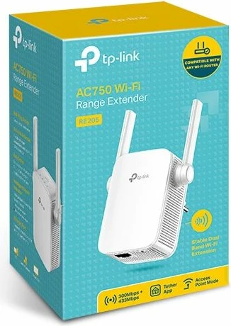 Access point/Repeater Wi‑Fi TP-Link RE205 AC750 dual-band, 1x LAN, 2 antena eksternë, i bardhë