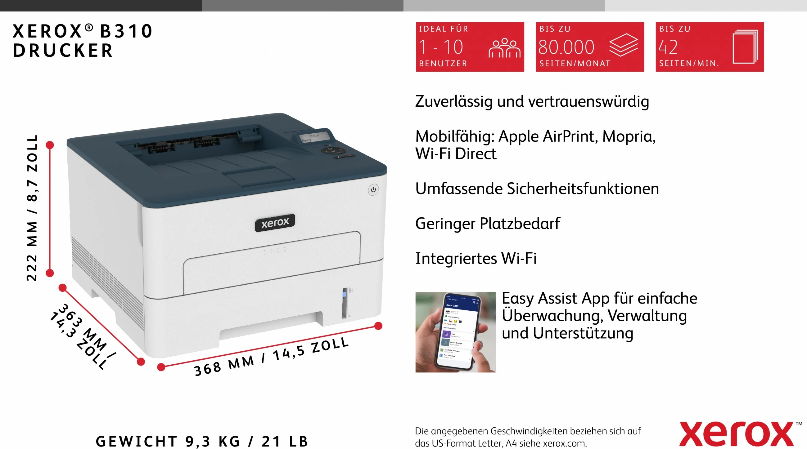 Printer lazer Xerox B310, A4, LAN/WLAN, 40 faqe/min, bardhë/gri