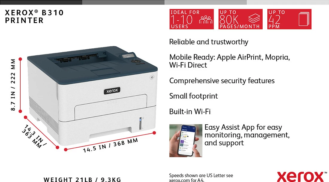 Printer lazer Xerox B310, A4, LAN/WLAN, 40 faqe/min, bardhë/gri