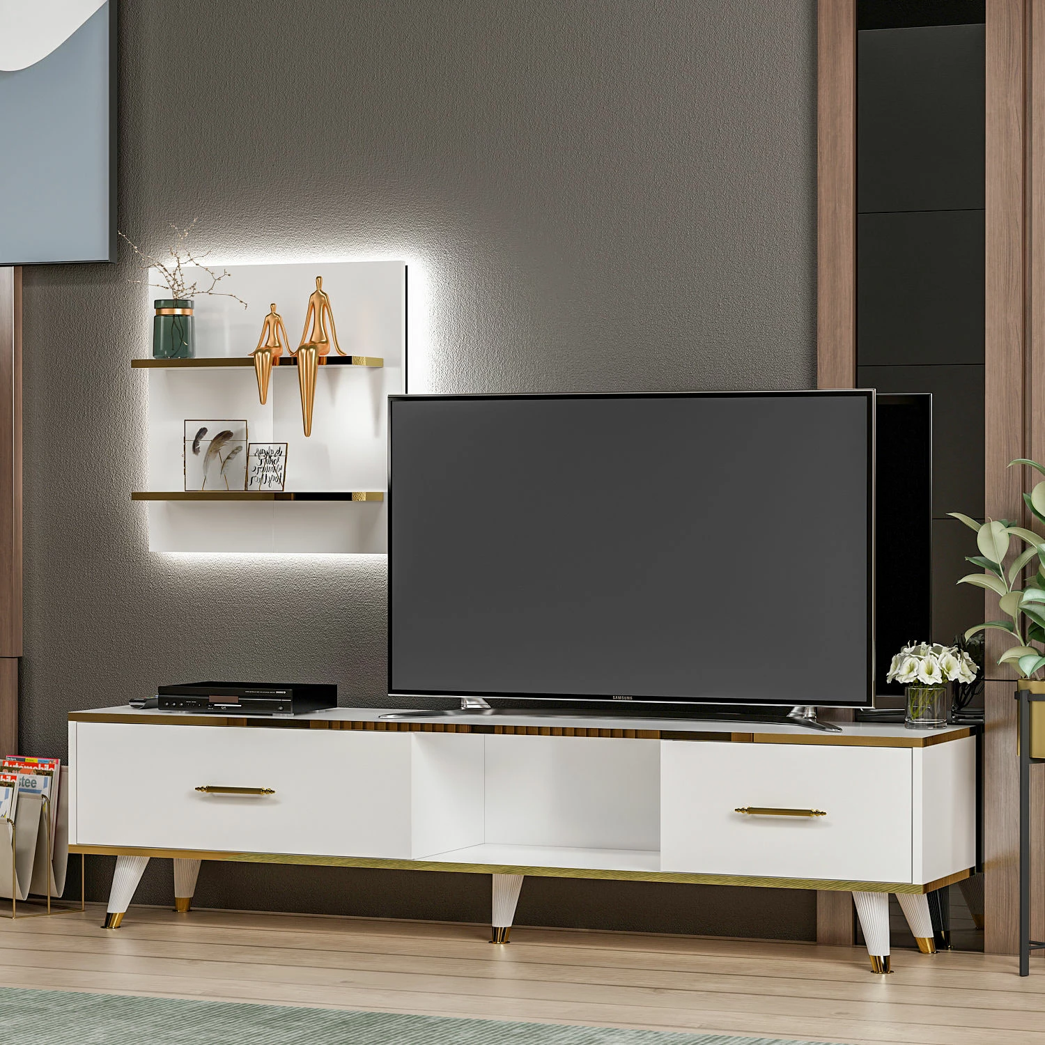Komodë TV Hanah Home, Aren, e bardhë dhe ari, moderne