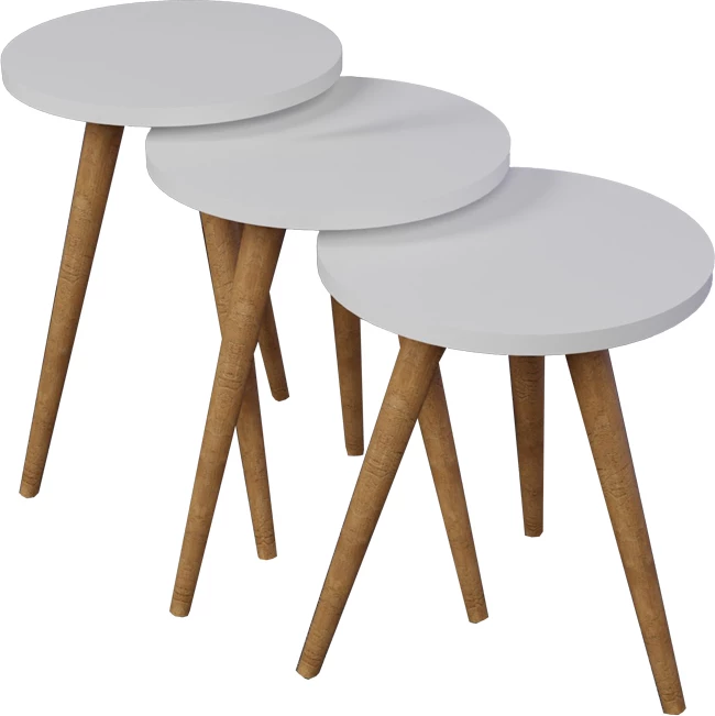Tavolina anësore Perjene set prej 3 copash melaminë, ngjyrë e bardhë dhe këmbë druri