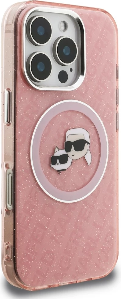 Mbështjellës Karl Lagerfeld IML Glitter Karl & Choupette Heads Logo MagSafe për iPhone 16 Pro, pink