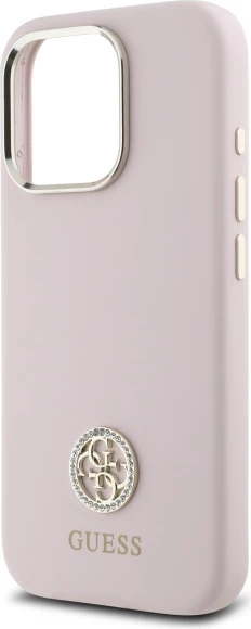 Mbështjellës Guess Silicone Logo Strass 4G për iPhone 16 Pro Max, rozë e çelët