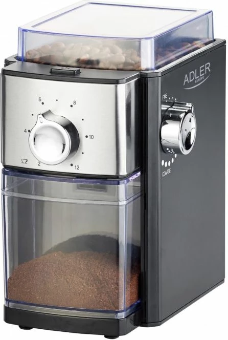 Mulli kafeje Adler AD4448, 250 g, burr metalik, 150 W/300 W max, e zezë/argjendtë