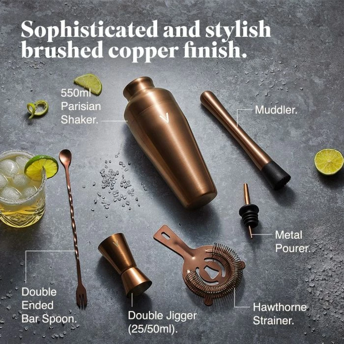 set kokteji VonShef Parisian 6 copë, shaker 500 ml, rozë ari