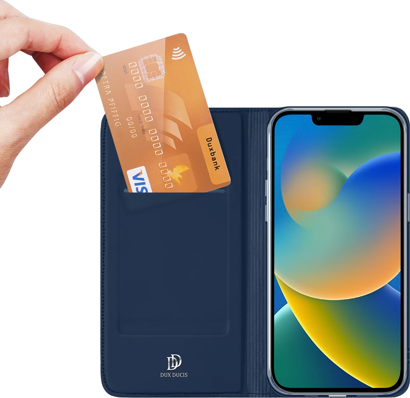 Mbështjellës Dux Ducis Skin Pro për iPhone 14 Plus, me kapak, funksion qëndrimi, xhep kartelash, Blu