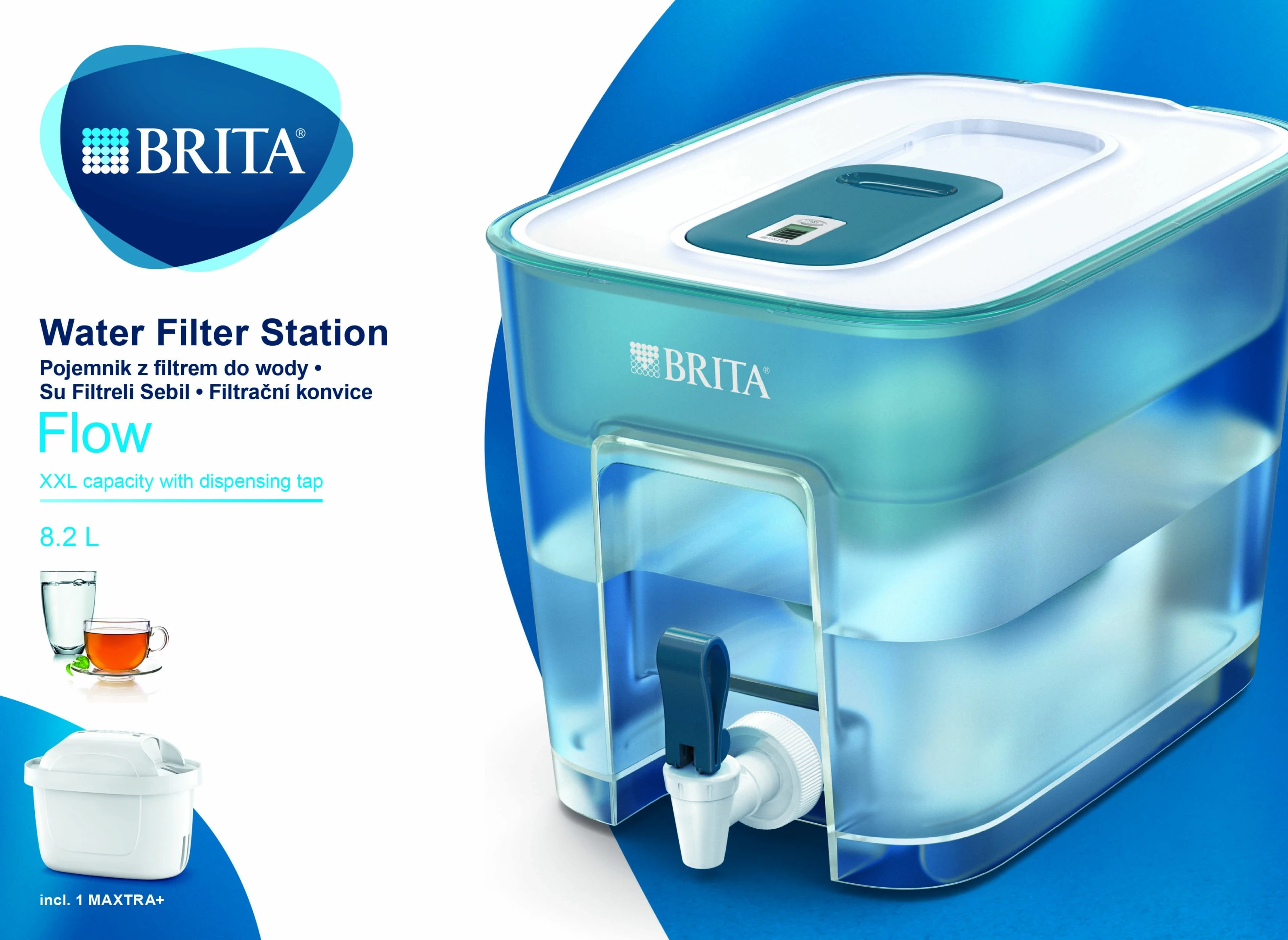 Dispenser filtri uji Brita Flow 8.2 L (5.2 L e filtrume), indikator elektronik, 1 filtër MAXTRA+, blu