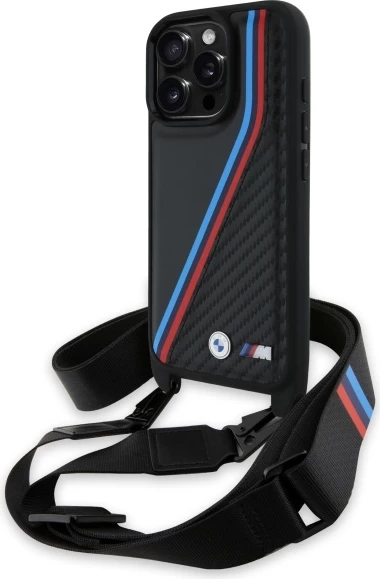 Mbështjellës BMW M Edition Carbon Tricolor Lines me rrip, për iPhone 16 Pro, i zi