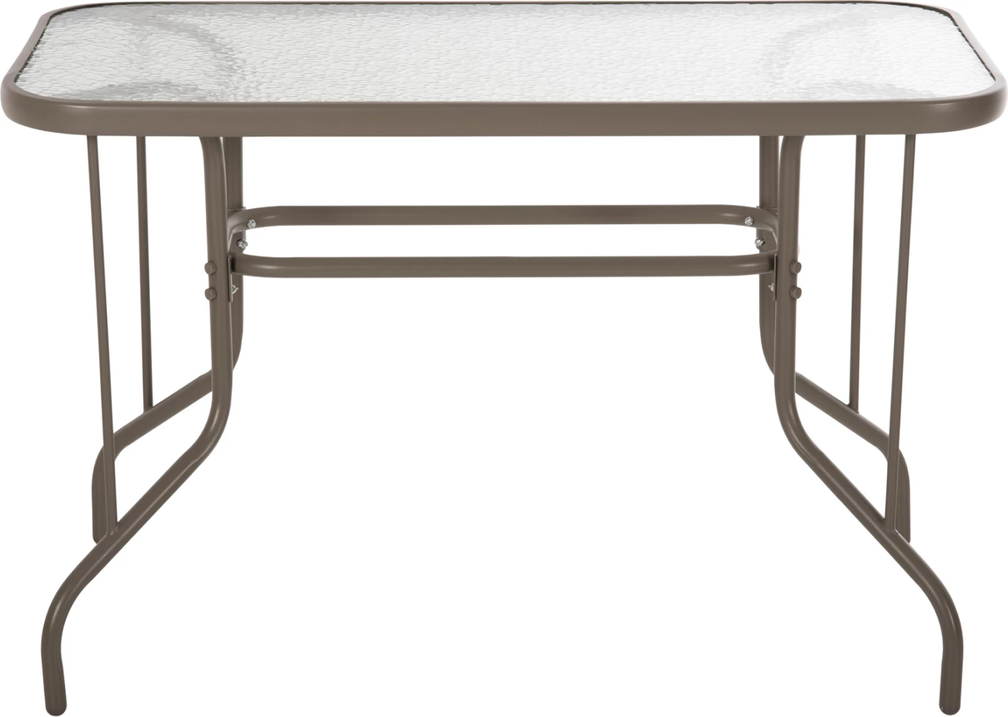 Tavolinë metalike për jashtë ADAM, ngjyrë shampanjë, me sipërfaqe xhami të forcuar, 110x60x71H cm