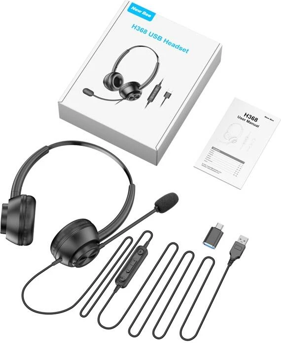 Kufje me mikrofon New Bee H368, me kabllo, ANC, USB/USB-C, e zezë