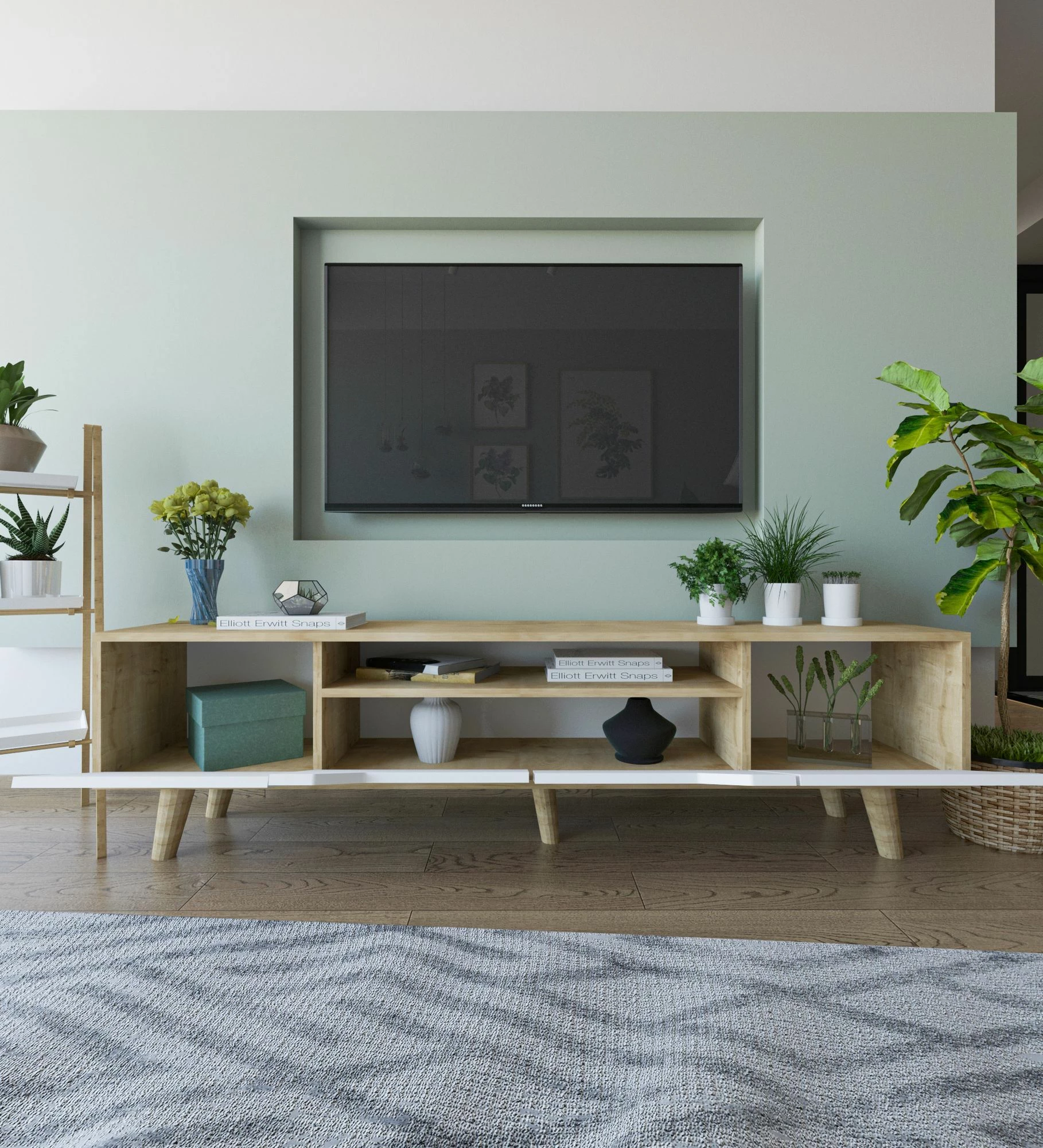 Komodë TV Skye Decor, Roma 180, ngjyrë lis safir dhe e bardhë
