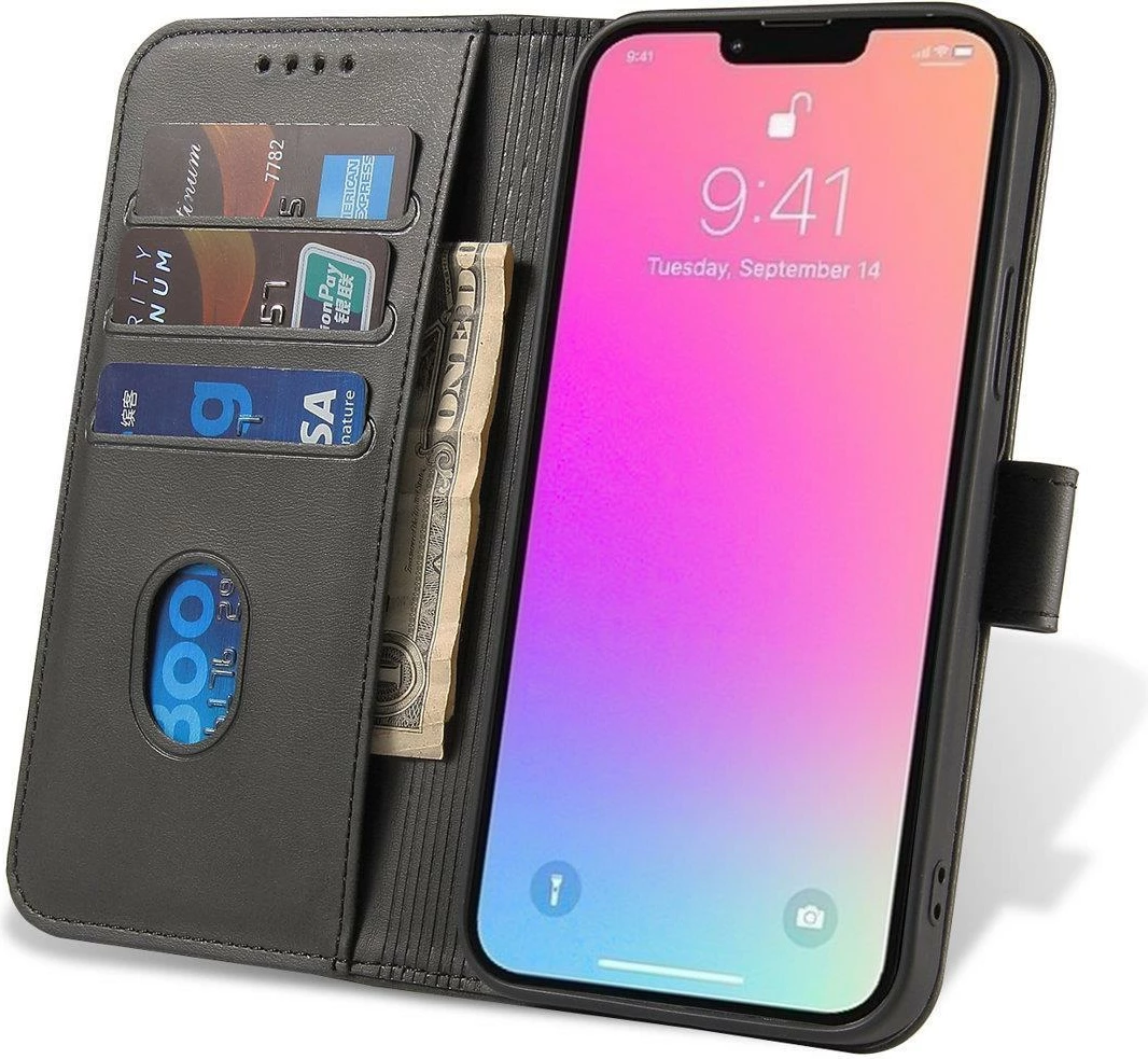 Mbështjellës magnetik Hurtel për Honor 90 Pro, me kapak dhe xhepa, i zi