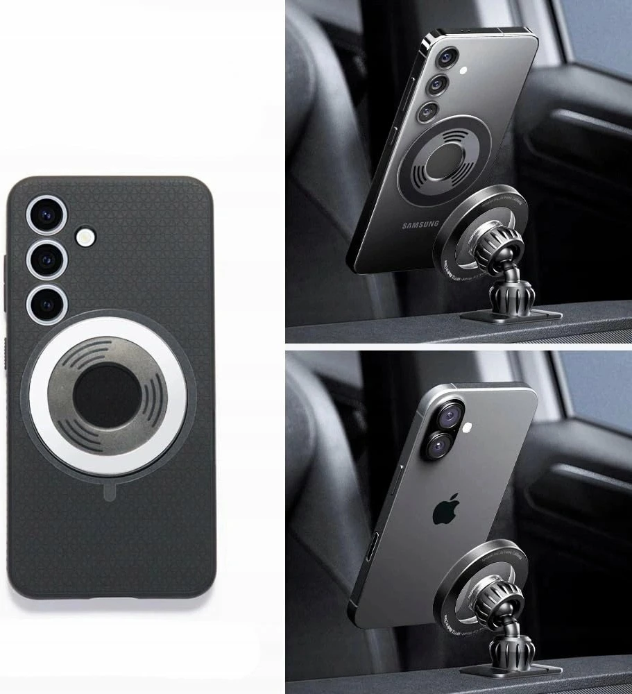 Mbajtës telefoni për veturë Spigen MFT13 MagSafe magnetik 360° montim në ventilim & dashboard, i zi, set me pllakë MagSafe