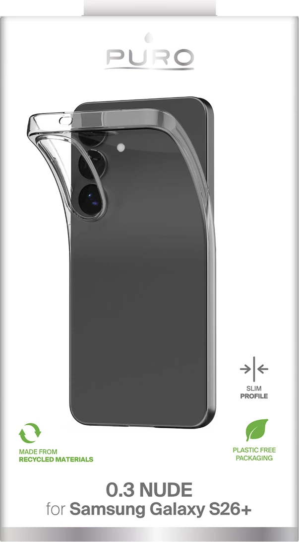 Mbështjellës Puro Ultra-Slim 0.3 NUDE për Samsung Galaxy S26 Plus, TPU, ultra i hollë 0.3 mm, 50% material i ricikluar (GRS), transparent