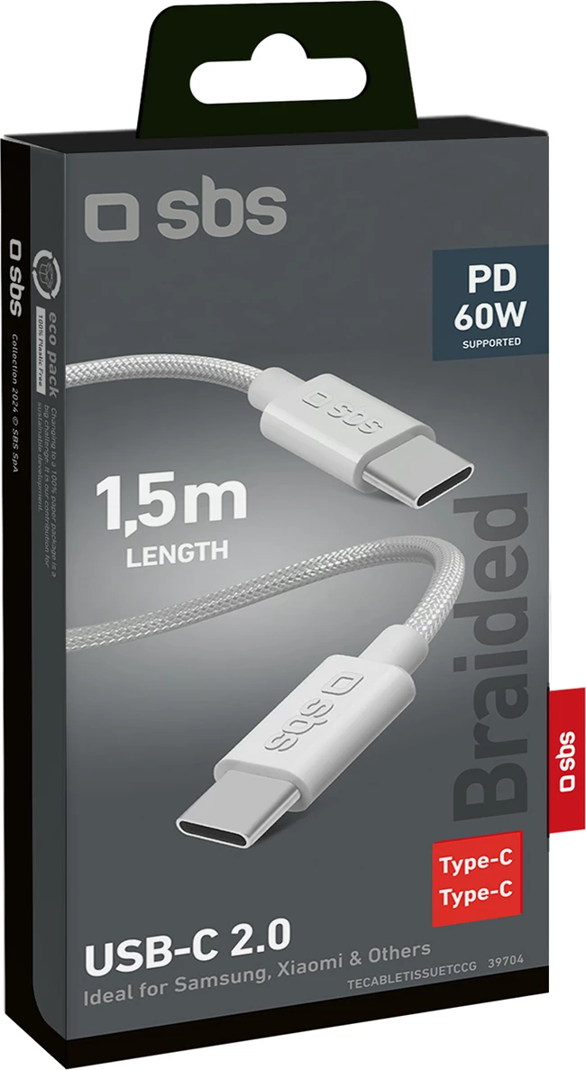 Kabllo USB-C në USB-C SBS TECABLETISSUETCCG, 1.5m, 60W, Gri