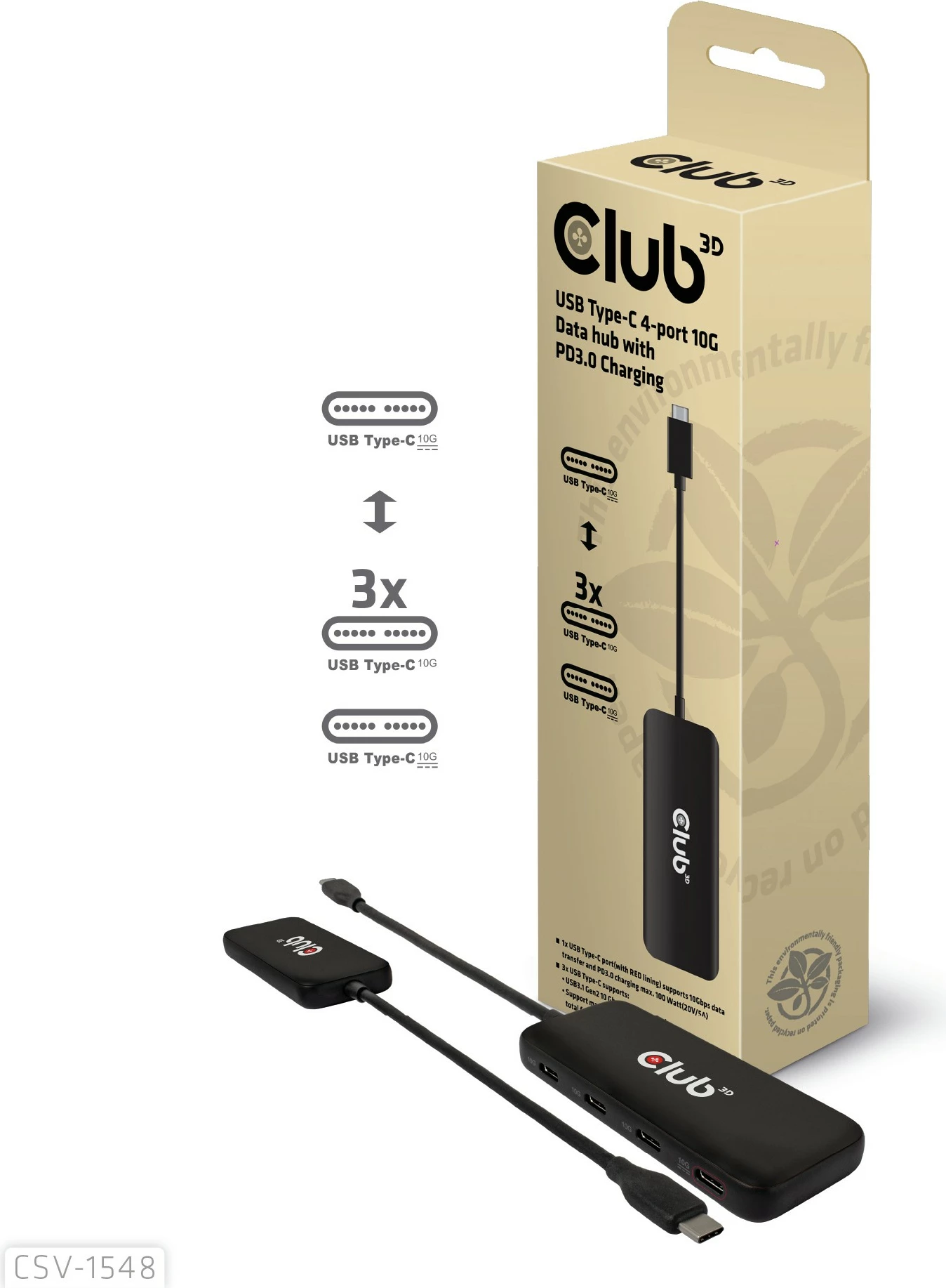 USB-Hub Club3D 4x USB Type-C 10Gbps + 100W PD, i zi