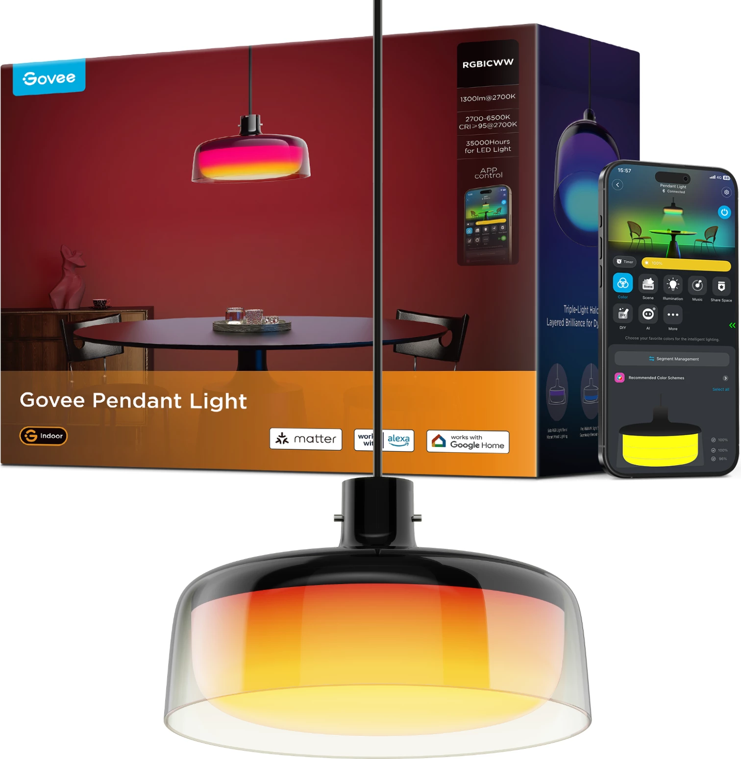 Llambë varëse smart Govee RGBICWW, RGBIC 360°, 2700-6500K, CRI95, e zezë