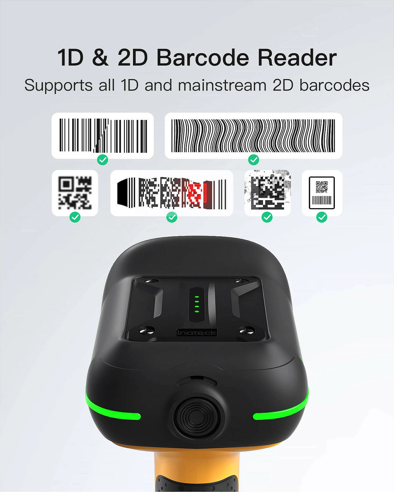 Skaner barkodi Inateck BCST-75, 2D/QR, Bluetooth/USB/2.4G, IP67, 2600mAh, zi/verdhë