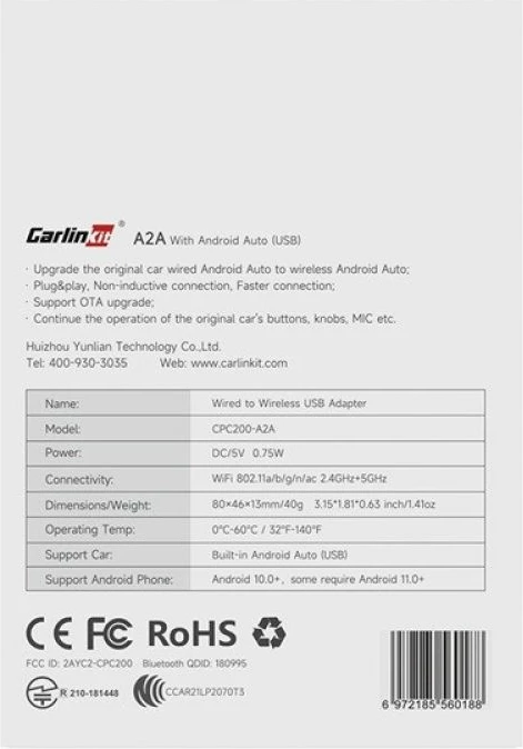 Adapter wireless CARLINKIT A2A Android Auto, i zi