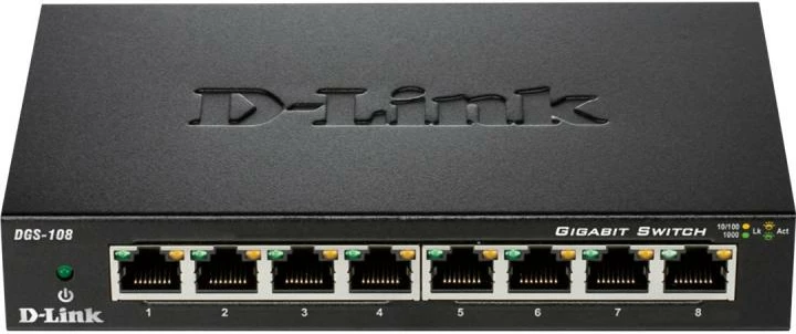 Switch D-Link DGS-108 8 porta Gigabit 10/100/1000, kasë metalike, pa ventilator, i zi