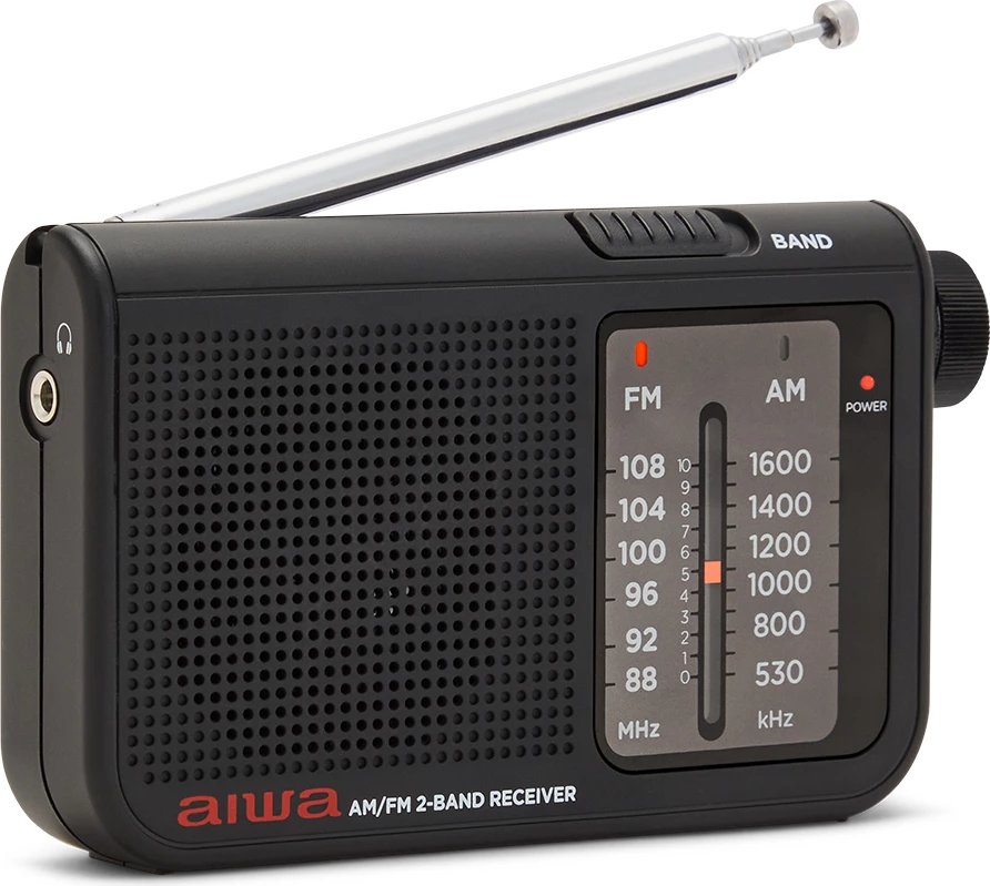 Radio xhepi Aiwa RS-55, FM/AM, antenë teleskopike 48 cm, dalje 3.5 mm, punon me 2xAA, e zezë, set me kufje + çantë mbrojtëse + rrip dore + bateri (2 copë)