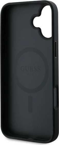 Mbështjellës Guess Grained Gold Ring MagSafe për iPhone 16 Plus, i zi