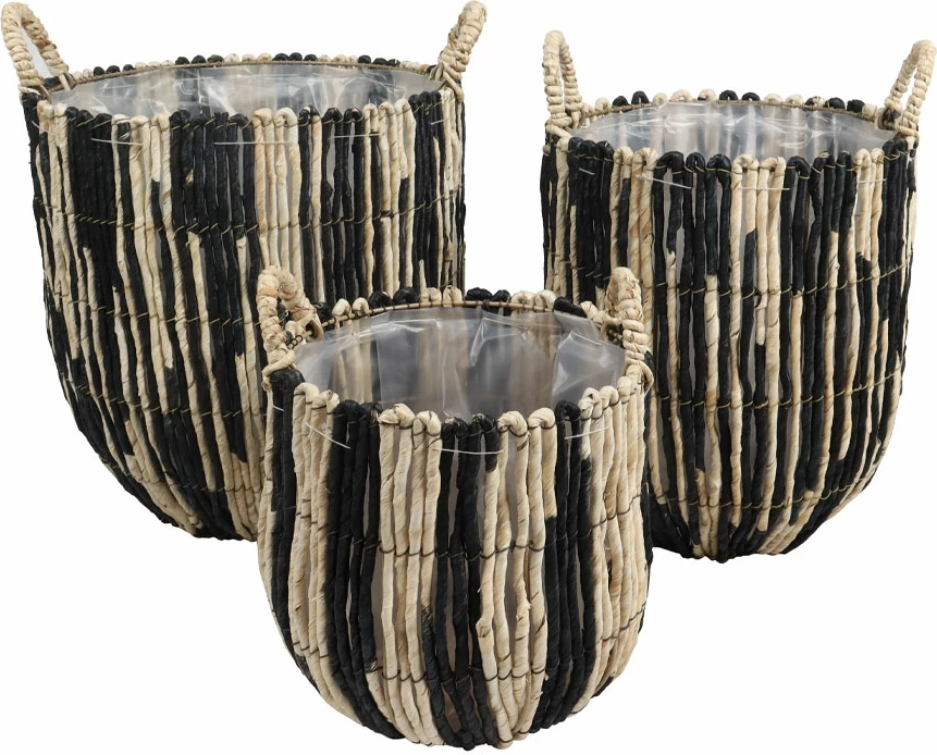 Set shporta THEROS, 3 copë, gjethe misri, natyrale/zi, 38x38x40cm