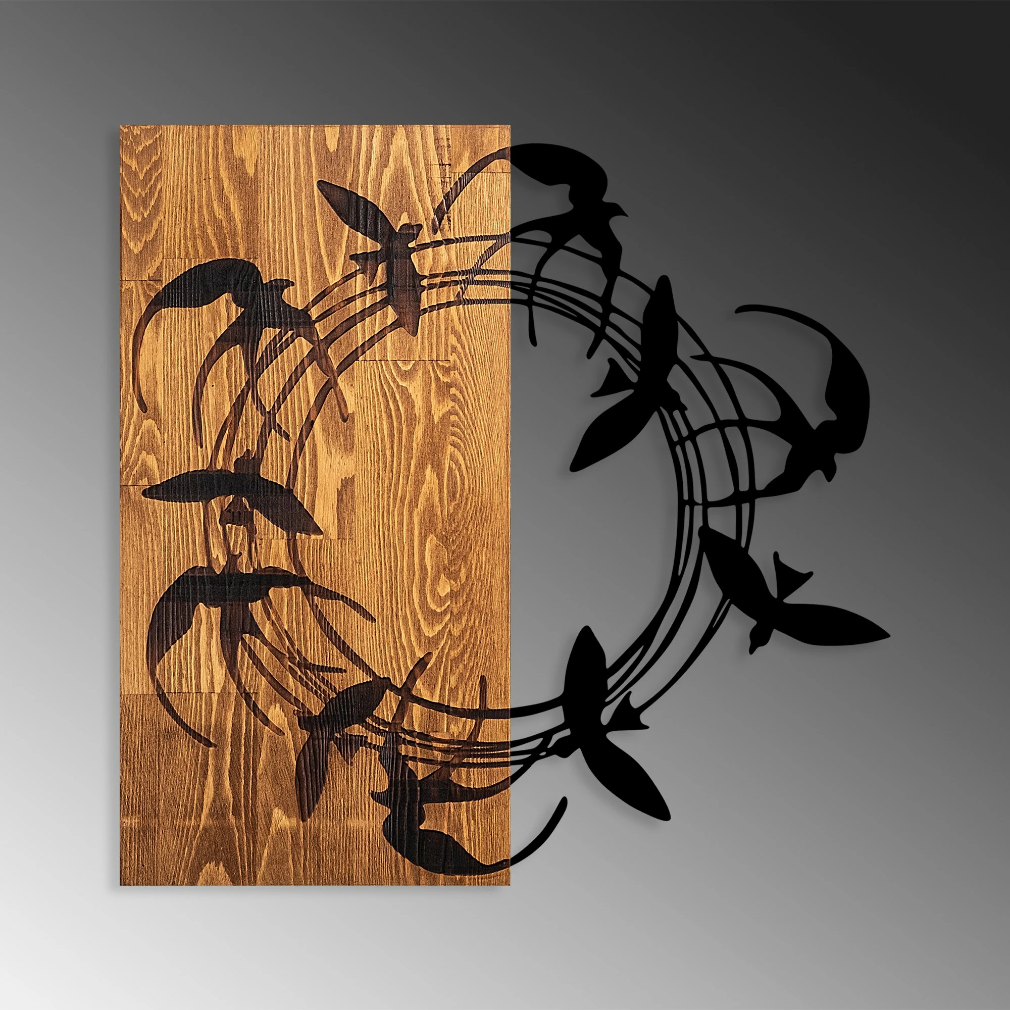 Aksesor dekorativ prej druri për mur, Spiral Birds 1, ngjyrë arre dhe e zezë, 58x58cm