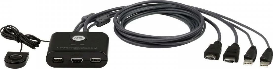 Switch KVM Aten CS22HF-AT 2-Port USB/HDMI FHD me kabllo të integrume, zi