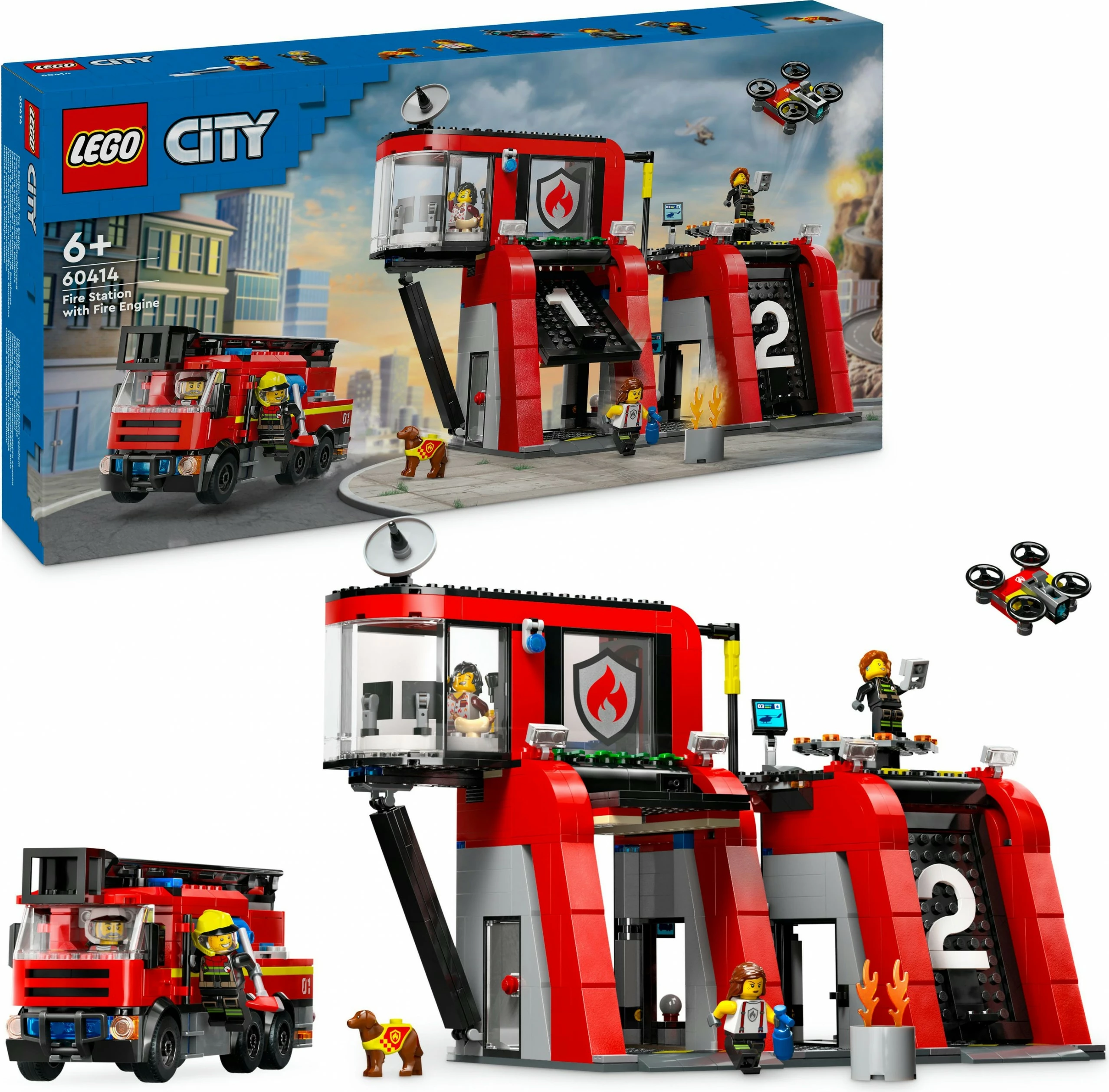 Set ndërtimi LEGO City 60414, stacion zjarri me kamion, 843 pjesë, shumëngjyrësh