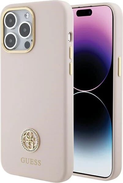 Mbështjellës Guess Silicone Logo Strass 4G për iPhone 15 Pro Max, Rozë