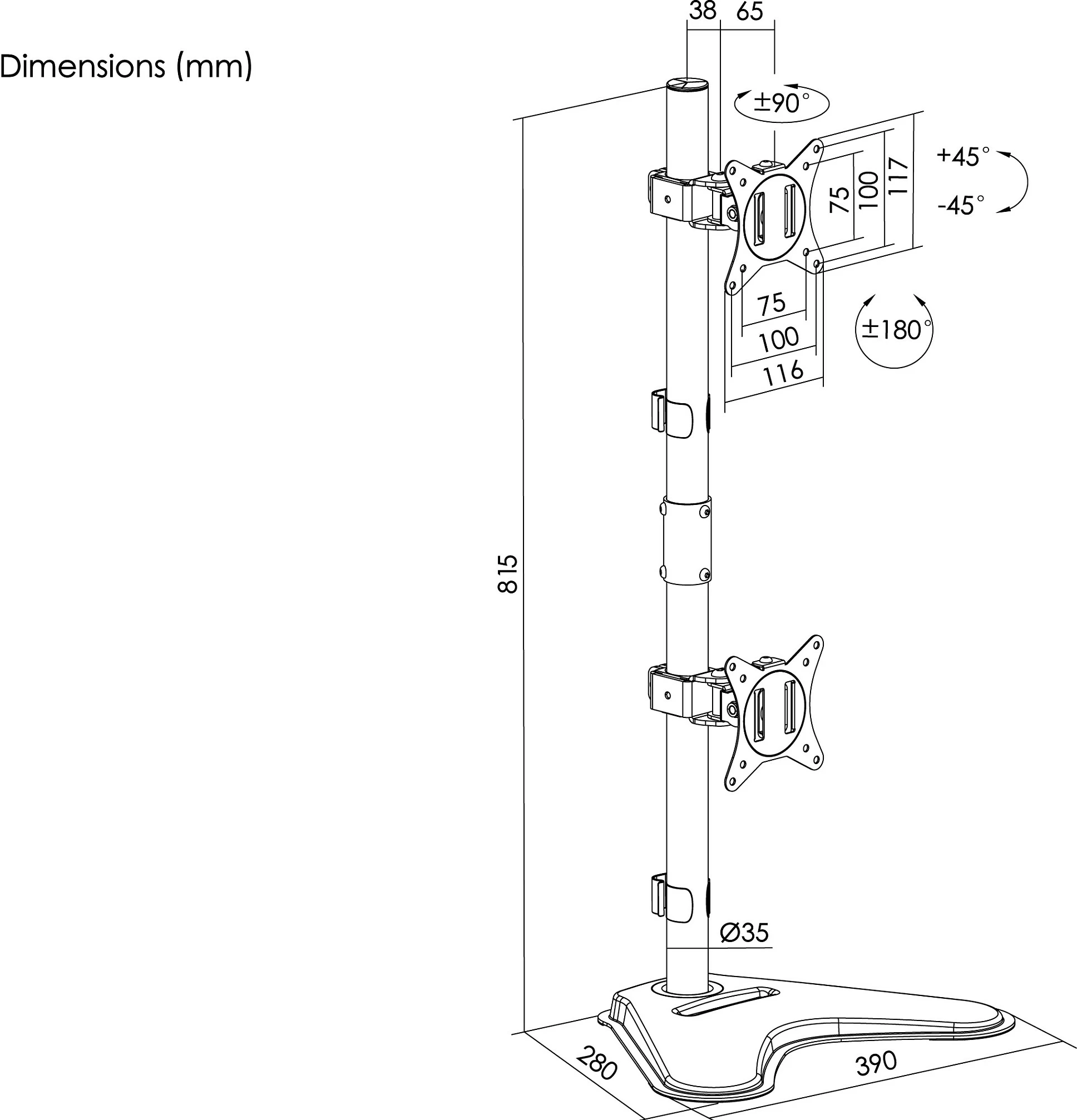 Mbajtës monitori EQUIP Tischfuß, për 2 monitorë 17"-32", VESA 75x75-100x100, 9 kg, i zi