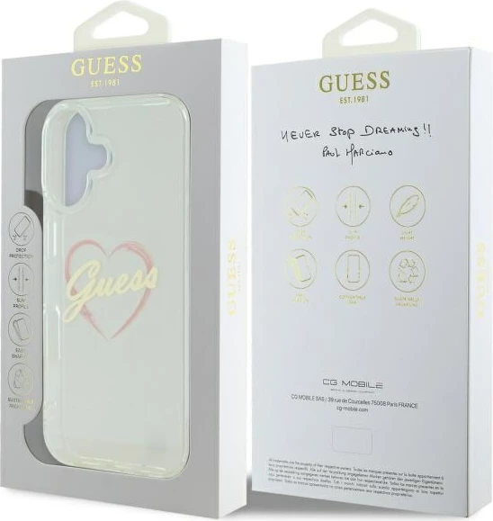 Mbështjellës Guess IML Heart për iPhone 16 Plus, Transparent