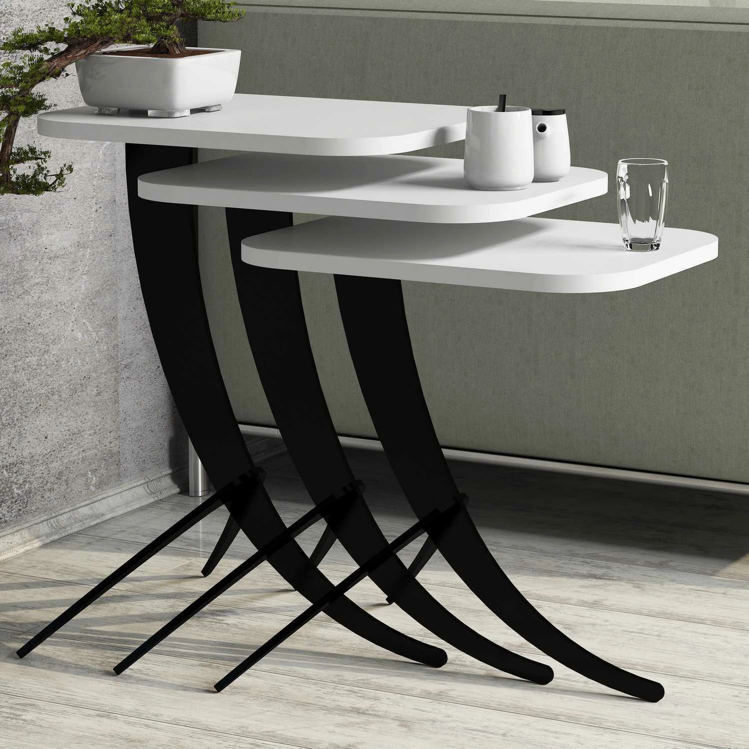 Set tavolinash ndihmëse, 3 copë, Hanah Home, Pion, e bardhë